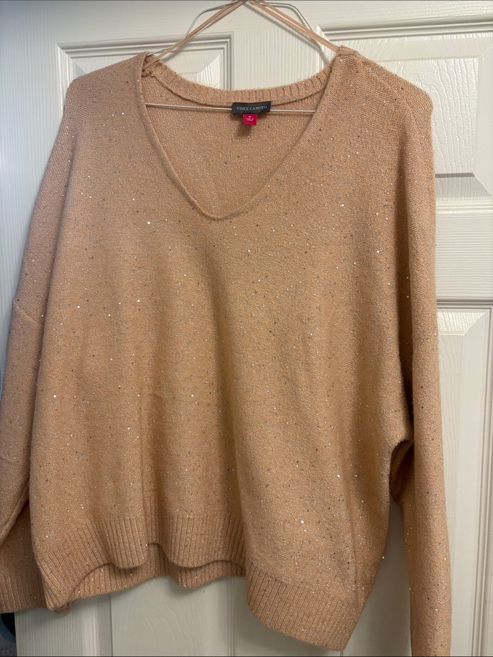 Vince Camuto Peach Sparkle V-Neck Knit Sweater
